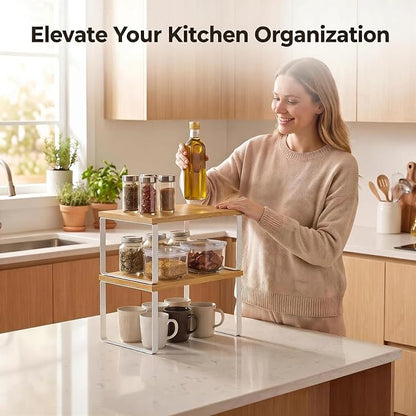 Kitchen Cabinet Organizer Shelf, Set of 2 Stackable Spice Rack Storage, Heavy Duty Metal & Wood Countertop Display Stand for Seasoning Bottles, Jars & Pantry Essentials（Bamboo）