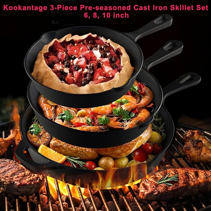 Cast Iron Skillet 3-Piece Set, Heavy-Duty Professional Restaurant Chef Pre-Seasoned Cookware Set, 6", 8", 10" Pans with Silicone Hot Handle Holder For Frying, Saute, Cooking, Oven, Grill