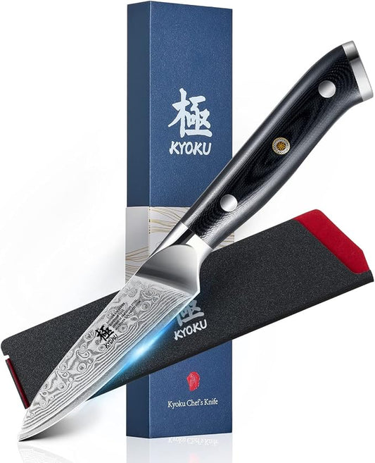KYOKU 3.5" Japanese Paring Fruit Knife,UPGRADED Silver Ion Damascus Blade VG10 Ultra Sharp Small Kitchen Knife for Professional &Home Chefs,Vegetable Peeler for Peeling with Cover,Gifts for Father Men