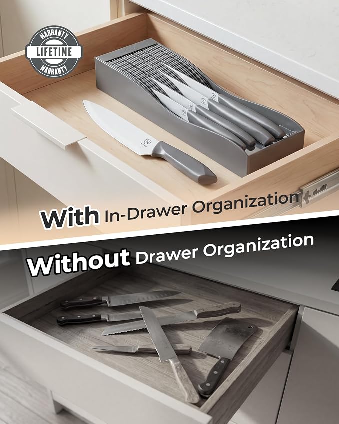 OOU In-Drawer Kitchen Knife Set, Space-Saving Cutlery and Kitchen Organizer, Includes Chef, Bread, Santoku, Utility and Paring Knives, 6-Piece Knives Sets, Gray