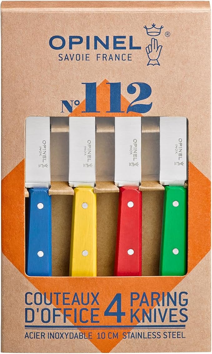 Opinel No. 112 Paring Knives Box Set, 4 Piece Paring Knife Set, High Carbon Steel for Chopping, Peeling, Slicing, Trimming, Painted Hornbeam Handles, Made in France (Classic), One Size, (001233)
