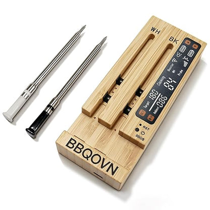 BBQOVN WiFi Sub-1G Wireless Meat Thermometer Unlimited Range 7 NIST Certified Sensors with Ambient Temp 2 Temp Monitoring Ways Digital Smart Base and App for BBQ, Smoker, Grill, Oven (Dual Probes)