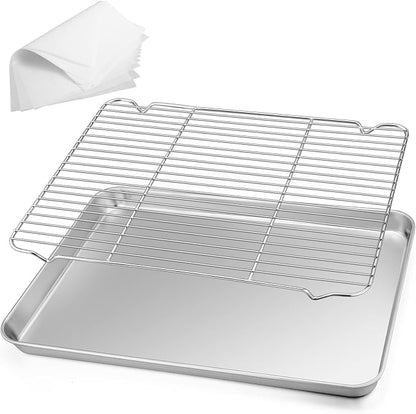 TeamFar Stainless Steel Baking Sheet, 17.6 x 13 x 1inch Half Baking Pan Cookie Sheets with Cooling Rack & 50PCS Parchment Papers for Baking/Roasting/Broiling, Healthy & Sturdy, Dishwasher Safe