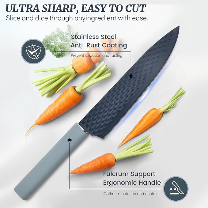 12-Piece Blue Modern Knife Block Set with Drawer Organizer, Stainless Steel Knife Set, 7.2" Chef Knife, 6 Steak Knives