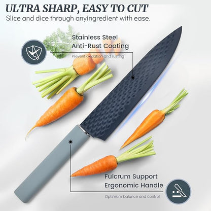 12-Piece Blue Modern Knife Block Set with Drawer Organizer, Stainless Steel Knife Set, 7.2" Chef Knife, 6 Steak Knives
