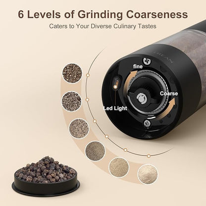 Ultrean Pepper Grinder, Rechargeable Salt and Pepper Grinder with 6 Adjustable Coarseness, LED Light, Automatic Grinder for Kitchen, Home and Kitchen Appliances Birthday Gifts for Women, Black