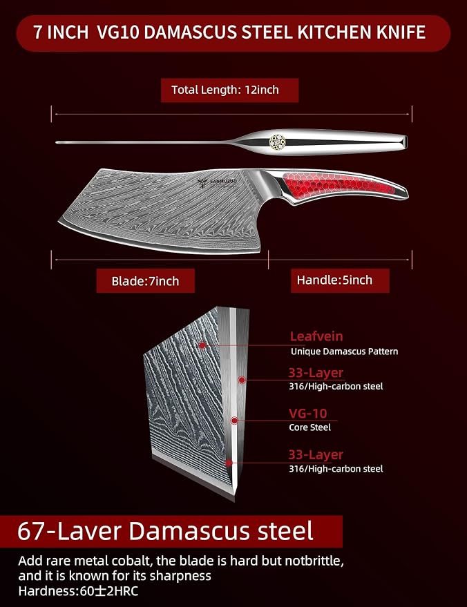 7 inch Nakiri Knife, Japanese VG-10 Damascus Steel Meat Cleaver, Ultra Sharp Vegetable Knife with Full-tang Handle in Red Resin, LA-S9 Series