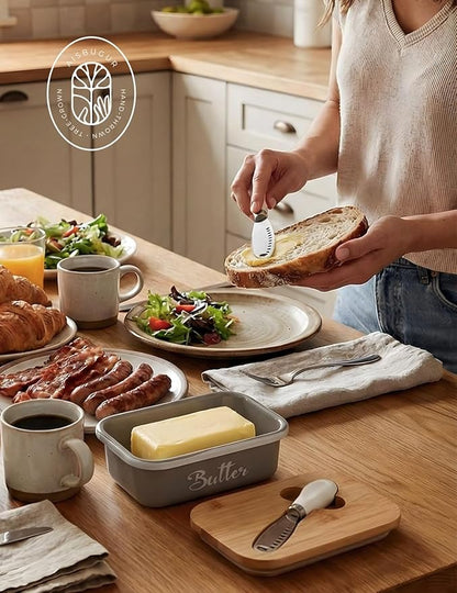 Butter Dish with Lid for Countertop, AISBUGUR Metal Butter Keeper with Stainless Steel Multipurpose Butter Knife, Large Butter Container with Double High-quality Silicone Good Kitchen Gift Grey