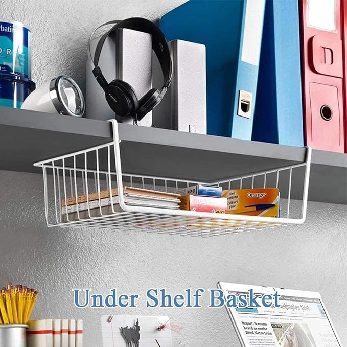 8 PACK 12in Hanging Under Shelf Storage Basket Kitchen Cabinet Organizer Storage, Slides Under Wire Shelves for Counter Pantry Desk Bookshelf, White