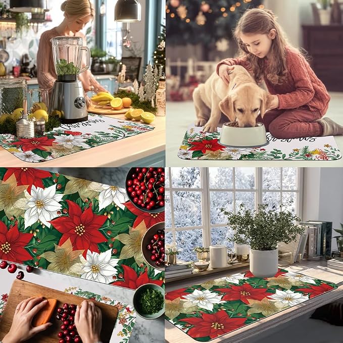 Baccessor Poinsettia Christmas Dish Drying Mat with 4PCS Coasters,2PCS Kitchen Bar Mat Coffee Mat Accessories Fits Under Coffee Maker and Pot,Holly Winter Farmhouse Bar Mat Detachable