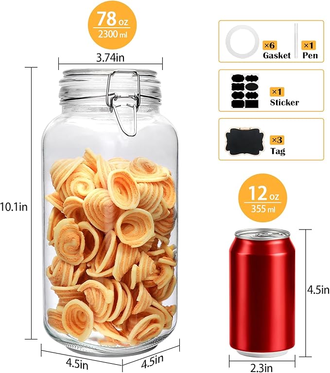 Flrolove 78oz Glass Storage Jars with Airtight Lids Set of 3, Pantry Storage Containers with Lids, Square Large Airtight Glass Jars, Perfect for Kitchen Canning Cereal, Pasta, Flour, Coffee Beans
