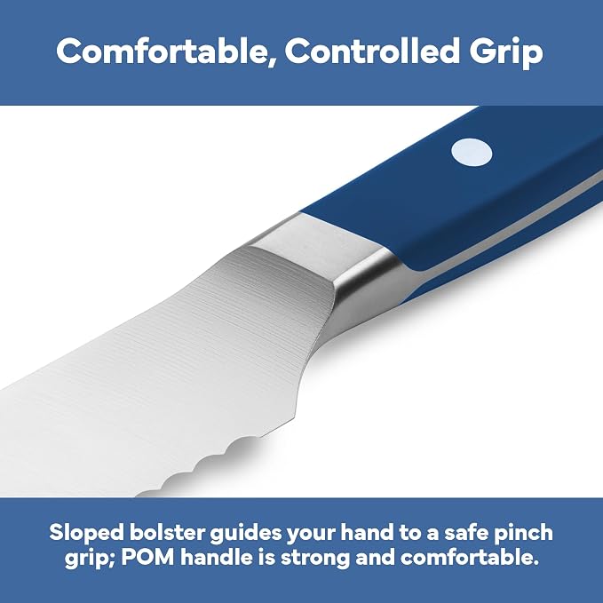 Misen Serrated Bread Knife - High-Carbon Japanese AUS8 Steel - Perfect for Soft Foods, Bread, Pastries, and Fruits - Verstatile Slicer, Razor-Sharp Edge, Durable Blade, Ergonomic Handle - 8", Blue