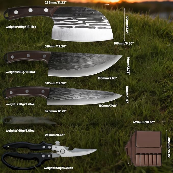 KOFERY Hand Forged Butcher Knife Set with Full Tang Damascus Steel for Pit Master BBQ, Smoking Meat and Meat Carving, Including Roll Bag, Shears and Sharpener for Outdoor Camping Gifts for Men