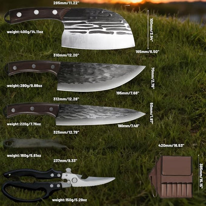 KOFERY Hand Forged Butcher Knife Set with Full Tang Damascus Steel for Pit Master BBQ, Smoking Meat and Meat Carving, Including Roll Bag, Shears and Sharpener for Outdoor Camping Gifts for Men