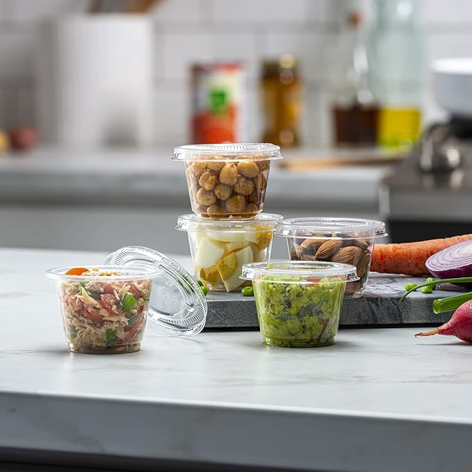 {2.5 oz,200 Sets} Clear Diposable Plastic Portion Cups With Lids, Small Mini Containers For Portion Controll, Jello Shots, Meal Prep, Sauce Cups, Slime, Crafts, Disposable Souffle Cups & Much more