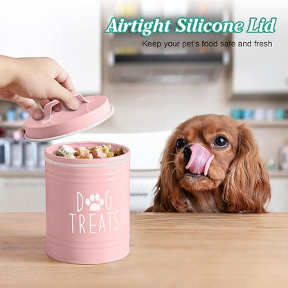 OUTNILI Pink Small Dog Treat Container Airtight - 6" Tall X 4.9" Round Pink Dog Treat Jar for Kitchen Counter - Rustic Treat Storage Canister for Dogs, Cats, Small Animals - Gifts for Pet Owners