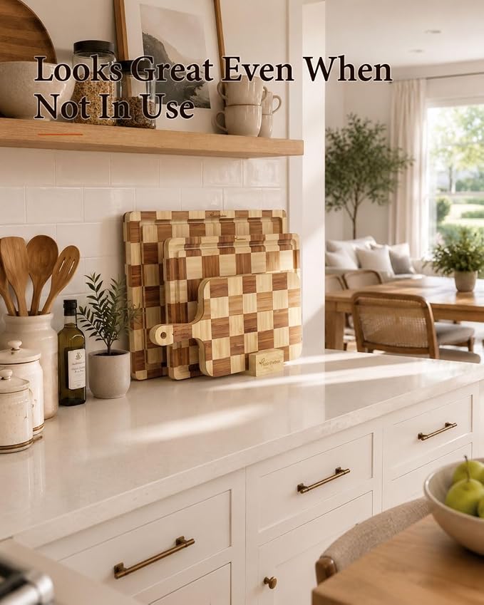 Cutting Board,Heavy Duty Cutting Board Set of 3 with Stand,End Grain Butcher Block Cutting Boards for Kitchen with Juice Grooves and Handles for Meat, Cheese, Charcuterie and Serving