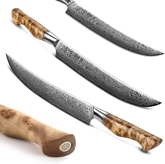 HEZHEN 10-Inch Slicing Knife with Granton Edge –67 Layers Damascus Steel, Professional Carving Knife for Brisket, Roast & BBQ, Figured Sycamore Handle