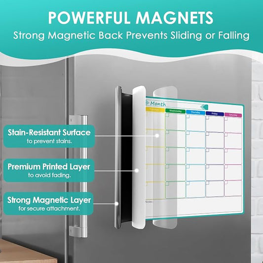 MaxGear Monthly Magnetic Calendar for Fridge, 16" X 12" Fridge Calendar Whiteboard, Reusable Magnetic Dry Erase Calendar White Board Planner for Refrigerator with 7 Fine Point Markers, 1 Eraser