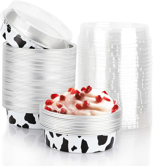 Beasea 4 Inch Pie Tins with Lids, 50 Pack 8 Oz Mini Tart Pan Disposable Pie Tins, Black White Aluminum Foil Flat Baking Cups Round Muffin Container for Mini Cheesecake Tart Quiche