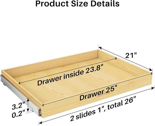 Pull Out Cabinet Organizer, Soft Close Wooden Slide Out Drawers for Pots and Pans, Full-extension Roll Out Shelves for Kitchen Cabinets, Pantry Organization, Bottom & Side Mount(26"W X 21"D x 3.4''H)