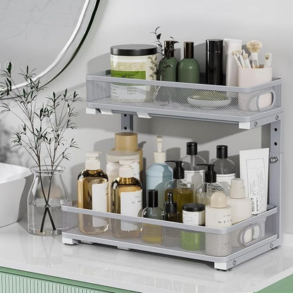 Under Sink Organizer, High Adjustable 2 Tier Under Sink Organizers and Storage, Slide out Metal Cabinet Organizers, Pull out Storage Drawer Shelf for Kitchen Bathroom Cabinet (1, Gray)