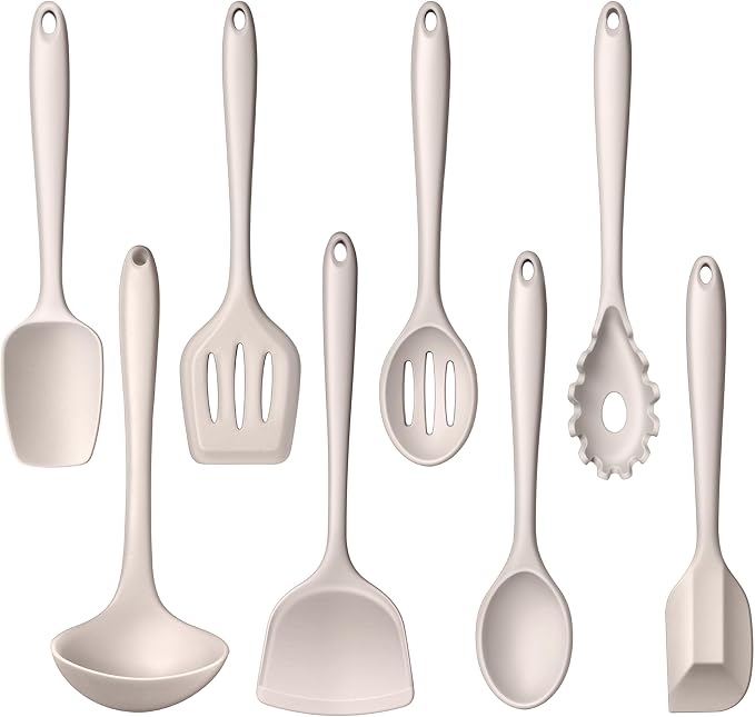 LIANYU Non-Toxic Silicone Kitchen Utensils Set, 8 Piece Non-Scratch Cooking Spoons & Spatulas, Stainless Steel Core, Heat Resistant & Dishwasher Safe, Khaki