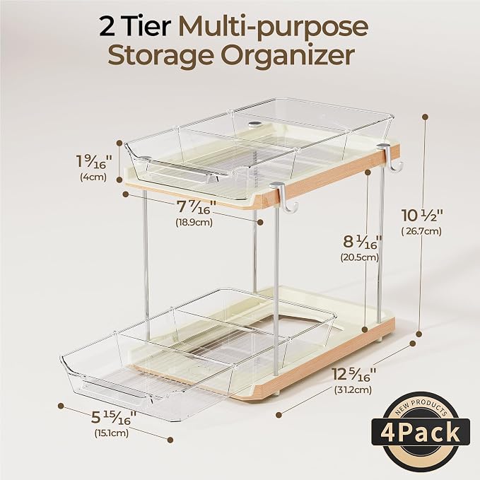 Delamu 2 Tier Under Sink Organizer Bathroom, Bathroom Cabinet Organizer with Snap-Lock Design and Hooks, Pull Out Storage with Movable Dividers, for Countertop, Kitchen and Pantry (White, 2 Pack)