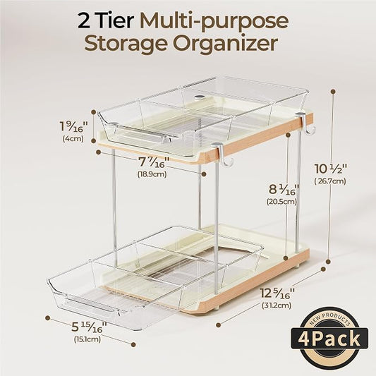 Delamu 2 Tier Under Sink Organizer Bathroom, Bathroom Cabinet Organizer with Snap-Lock Design and Hooks, Pull Out Storage with Movable Dividers, for Countertop, Kitchen and Pantry (White, 2 Pack)