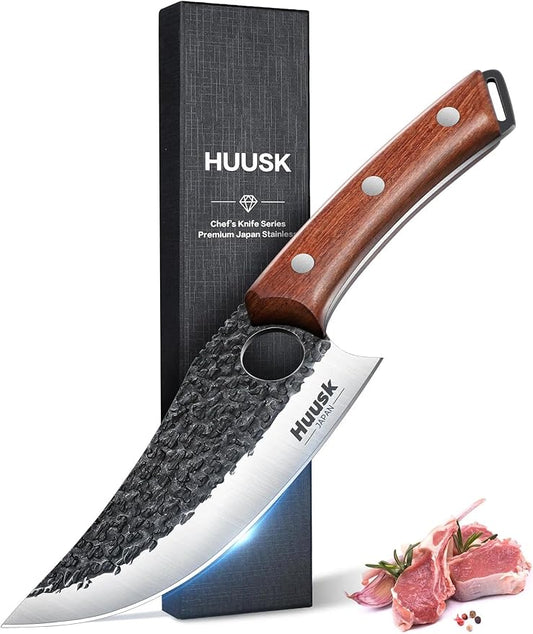 Huusk Viking Knife, Japanese Butcher Knife for Meat Cutting, Hand Forged Boning Knives with Ergonomic Wood Handle, High Carbon Steel Japanese Chef Knifes for Camping, BBQ, Fathers' Day Gift for Dad
