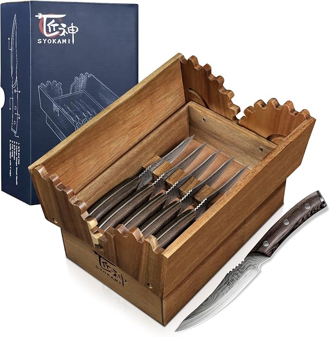 SYOKAMI Steak Knives Set of 6 with Drawer Organizer, 4.8 Inch High Carbon Japanese Style Non Serrated Meat Knife with Wood Handle, Damascus Pattern Full Tang Design, Razor Sharp Dinner Knives