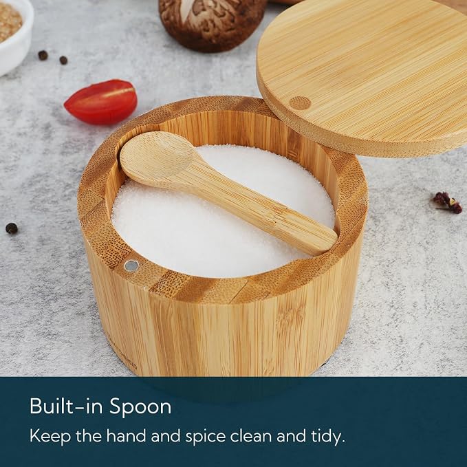 KITCHENDAO Bamboo Salt Cellar Bowl Box Container with Built-in Spoon, Elegant Kitchen Salt Dish Holder Saver Jar with Swivel Magnetic Lid to Storage Pepper Spice, 6OZ