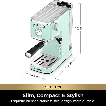 CHULUX Slim Espresso Machine with Milk Frother, 20 Bar Professional Italian Pump Espresso Coffee Machine for Home Cappuccino & Latte Maker, Stainless Steel, Pastel Green