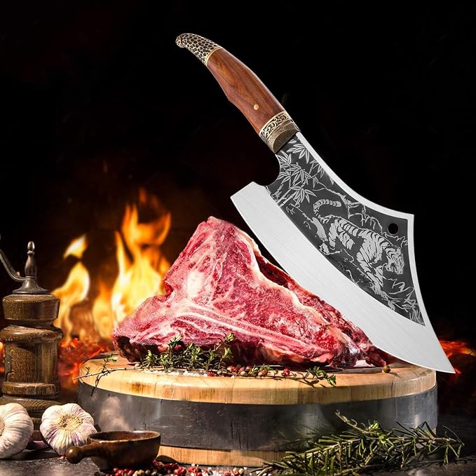 Purple Dragon Meat Cleaver Knife - Heavy Duty Butcher Knife for Meat Cutting, Stainless Steel Bone Chopper Knifes, Christmas Gifts for Men