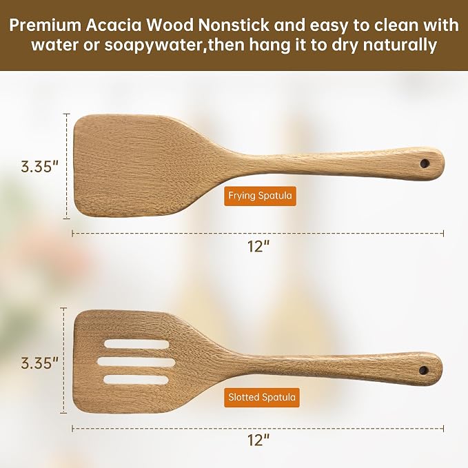 Wooden Utensil Set 2 Pcs - Natural Non-Toxic Acacia Wooden Spoons for Cooking, Nonstick, Sturdy, Easy to Clean, Wood Kitchen Utensils Set, Ideal for Gifting