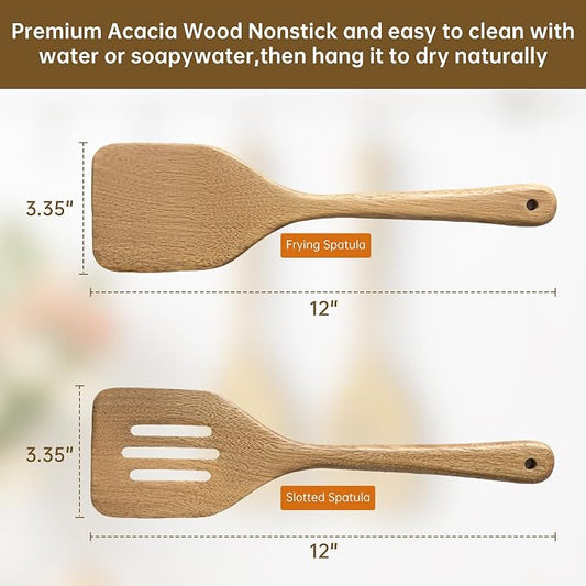 Wooden Utensil Set 2 Pcs - Natural Non-Toxic Acacia Wooden Spoons for Cooking, Nonstick, Sturdy, Easy to Clean, Wood Kitchen Utensils Set, Ideal for Gifting