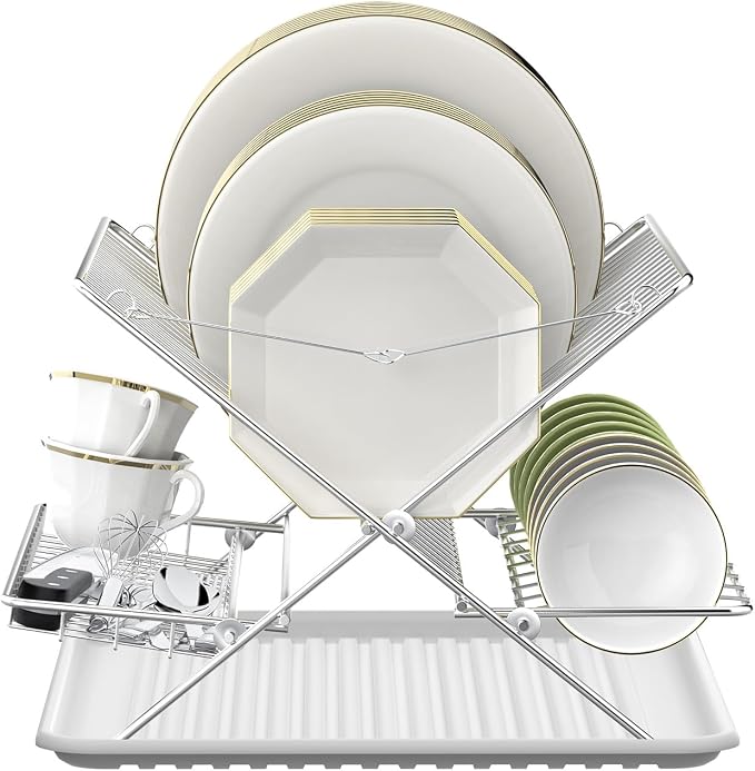 Over The Sink Dish Drying Rack, 3 Tier Large Capacity Stainless Steel Collapsible Foldable Dish Drainer, Space Saving for Kitchen Counter with Utensil Holder and Drainboard (Upgraded)
