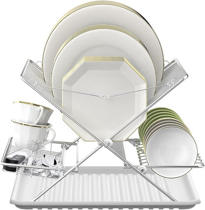 Over The Sink Dish Drying Rack, 3 Tier Large Capacity Stainless Steel Collapsible Foldable Dish Drainer, Space Saving for Kitchen Counter with Utensil Holder and Drainboard (Upgraded)