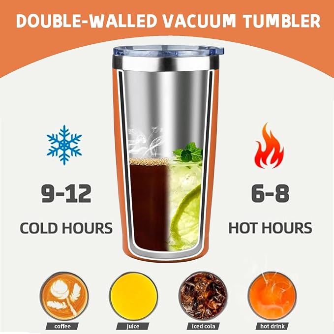 20 oz Tumbler with Lids and Straws, Stainless Steel Insulated Coffee Tumbler, Double Wall Vacuum Insulated Travel Mug Cup, Leakproof Thermal Coffee Cup for Hot and Cold Drinks (Orange)