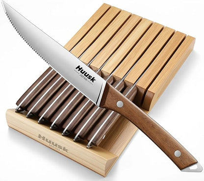 Huusk Steak Knives Set of 8 with Drawer Organizer-4.5 in Japanese Serrated Steak Knife Set with Block, Serrated & Straight Dual-Edge, Stainless Steel Steaks Knives with Holder, Gifts Idea for Men