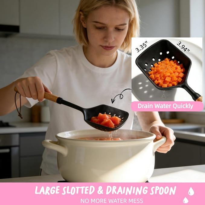 Silicone Cooking Spoons with Non Slotted Spoon, Large Serving Strainer Spoon Set, Multifunction Flat Spoon Spatula, Non-Stick Skimmer Colander Spoon for Mixing,Serving,Draining