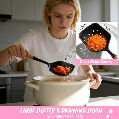 Silicone Cooking Spoons with Non Slotted Spoon, Large Serving Strainer Spoon Set, Multifunction Flat Spoon Spatula, Non-Stick Skimmer Colander Spoon for Mixing,Serving,Draining