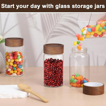 Coffee Jars Set of 2, Empty 9oz 270ml Glass Storage Jars with Airtight Wood Lids, Screw Top Kitchen Glass Container, Sugar Canister for Spice, Snacks, Loose Tea, Candy, Oats, Beans, Seasoning