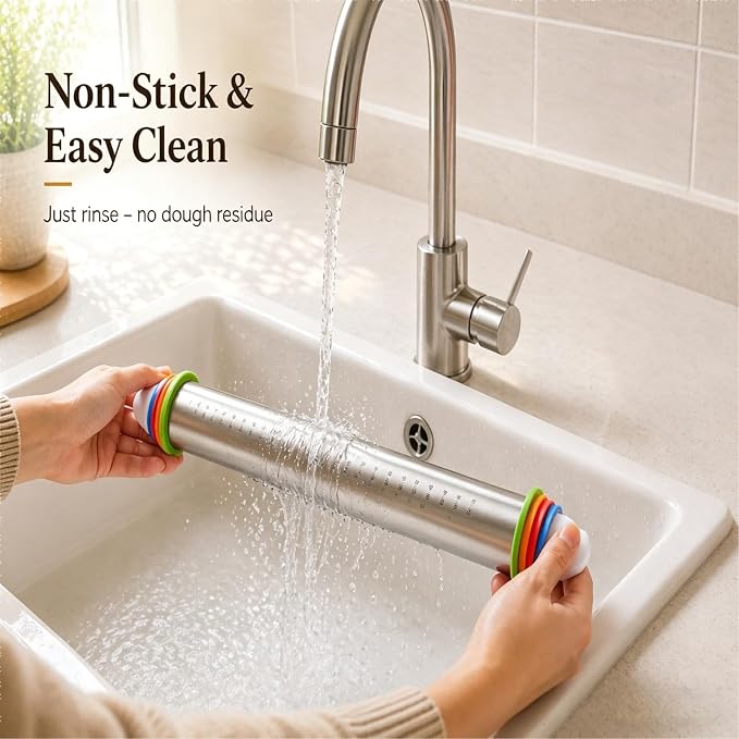 Adjustable Stainless Steel Rolling Pin & Non-Slip Silicone Baking Mat Set with Thickness Rings, Dough Roller with Guides & Pastry Mat for Fondant,Pizza, Cookies, Pies,Baking Supplies & Kitchen Gadgets