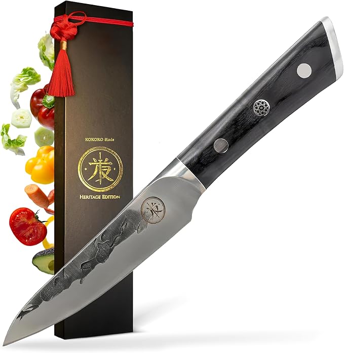 4.5” Professional Paring Knife – Hand Forged Small Kitchen Knife with Dark Wood Handle, Razor Sharp, Full Tang – from British Fusion Atelier KOKORO – A Thoughtful Gift for Cooks and Foodies