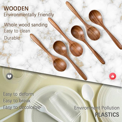 6 PCS Wooden Spoons for Honey, 6.7 inch Small Wooden Spoons - Terrific for Tea, Coffee & Soup, Little Acacia Wood Serving Table Spoon Set, Bulk Bamboo Teaspoon for Eating with Unique Design
