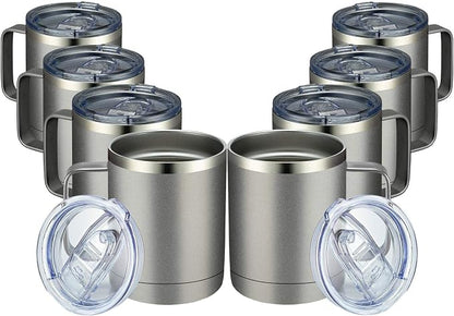 MEWAY 12oz Coffee Mug With Handle 8 Pack Bulk,Stainless Steel Insulated Travel Tumblers With Sliding Lid,Double Wall Vacuum Camping Cup for Hot & Cold Drinks Tea (Cold Grey,Set of 8)