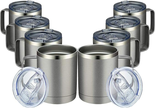 MEWAY 12oz Coffee Mug With Handle 8 Pack Bulk,Stainless Steel Insulated Travel Tumblers With Sliding Lid,Double Wall Vacuum Camping Cup for Hot & Cold Drinks Tea (Cold Grey,Set of 8)