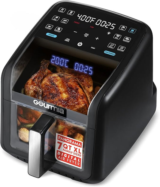 Gourmia Air Fryer 7 QT - Easy View Panorama Window & Interior Light, Guided Cooking with 12 One-Touch Presets, FryForce 360, Dishwasher Safe Accessories, Black