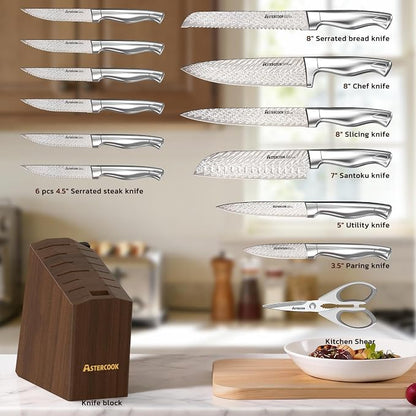 Astercook Knife Set, 15-Piece Kitchen Knife Sets with Built-in Sharpener Block, German High Carbon Stainless Steel Knives, Dishwasher Safe, Ergonomic Full-Tang Handle, Perfect Holiday Gifts